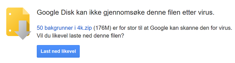 Google Drive-varsel for stor ZIP-fil