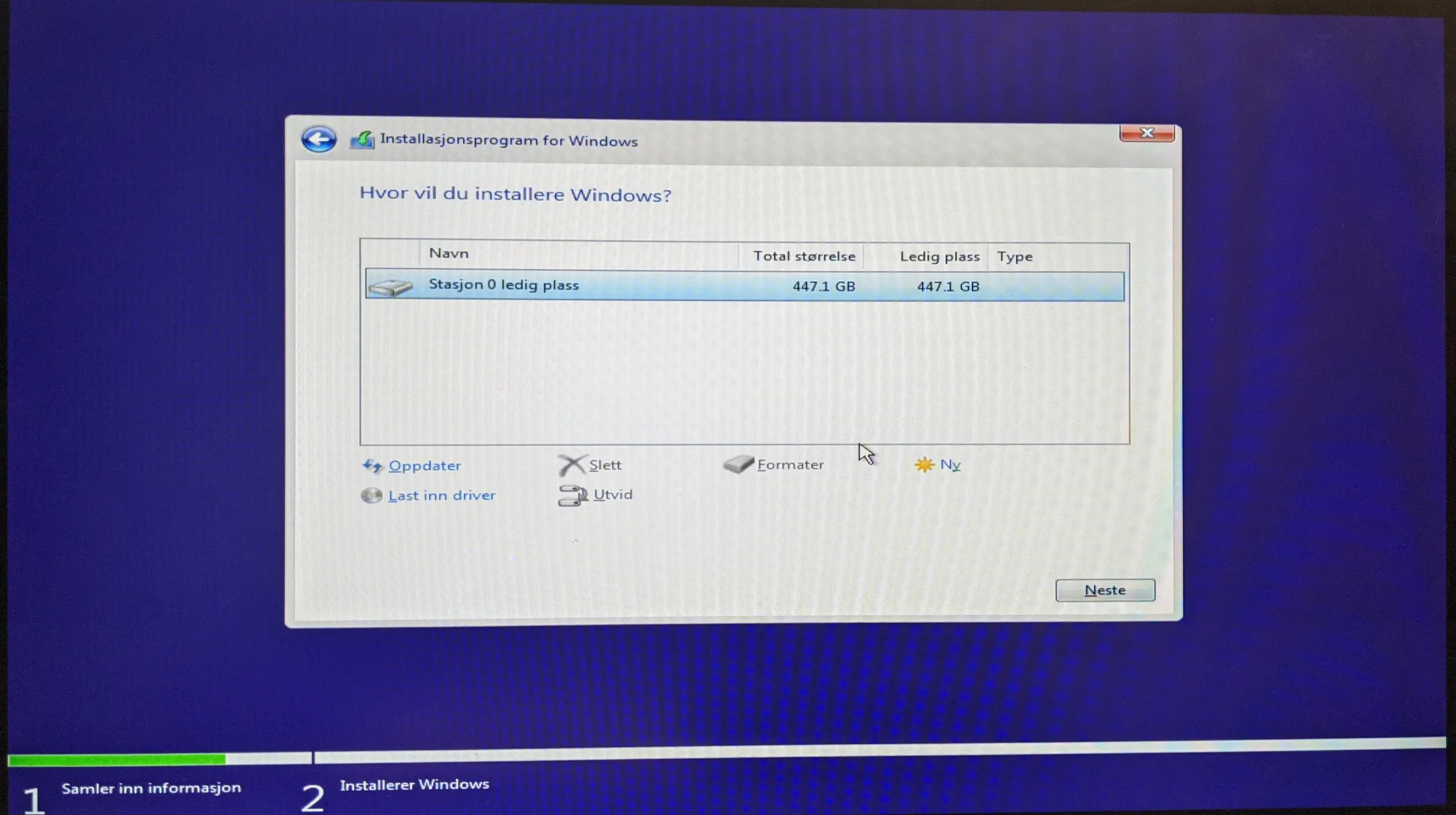 Windows-installasjon etter at partisjoner er slettet på riktig disk