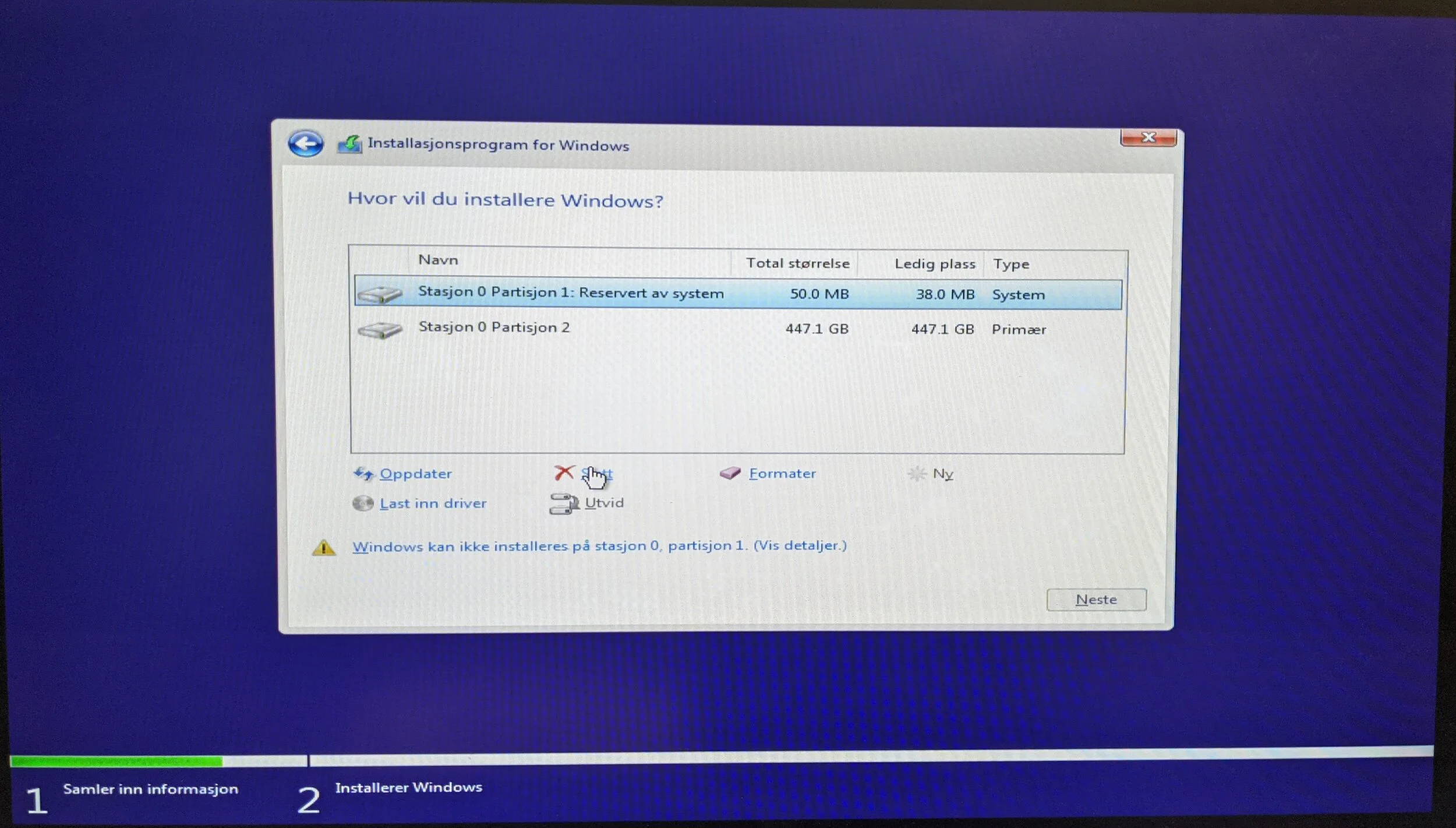 Partisjoner på Windows-disken før ren installasjon