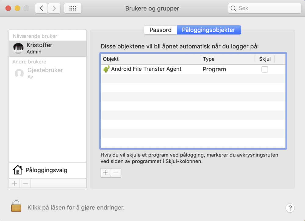 Påloggingsobjekter på Mac som kan fjernes
